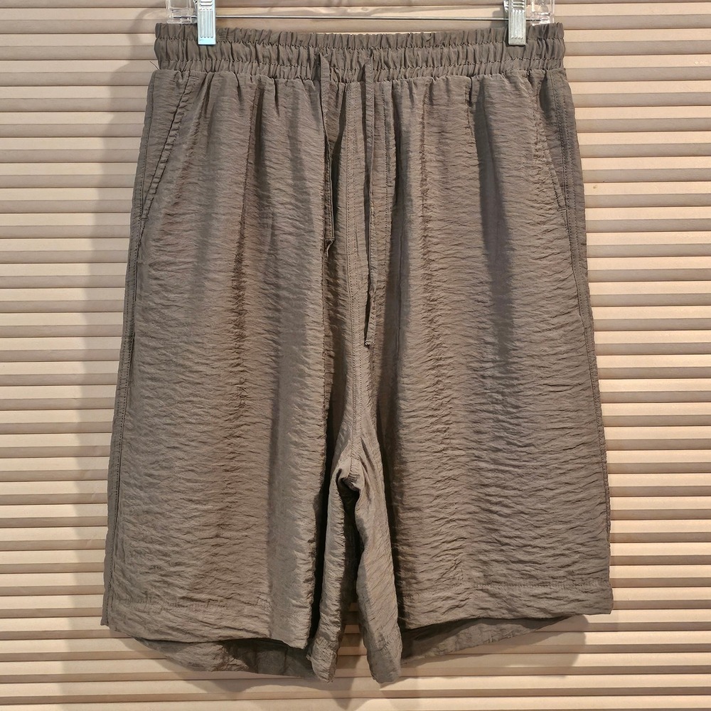 Zara Mens Medium Green Textured Crinkle Shorts Elastic Waist Drawstring Casual